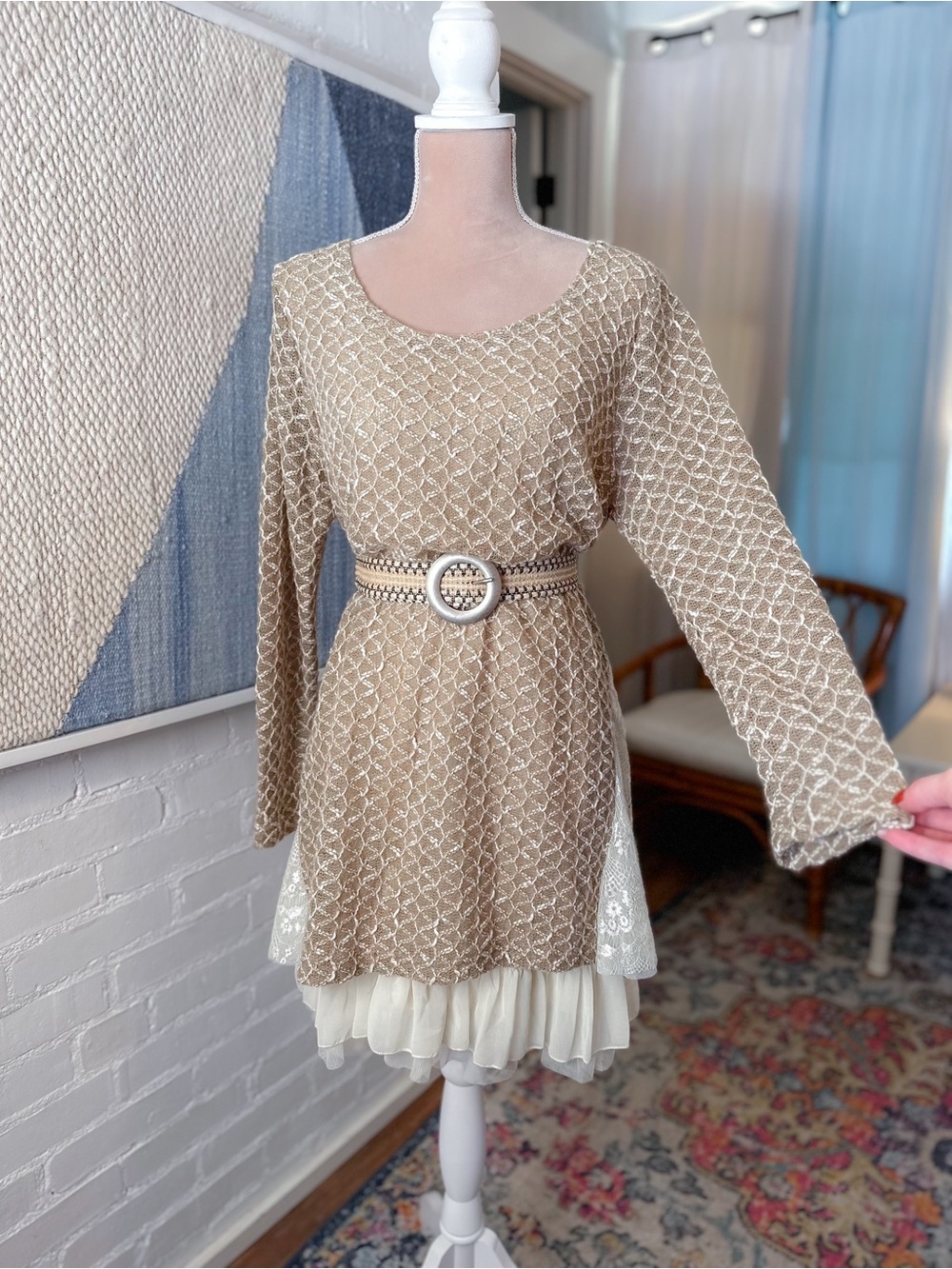 Beige Metallic Knit Tunic with Cream Ruffle Hem